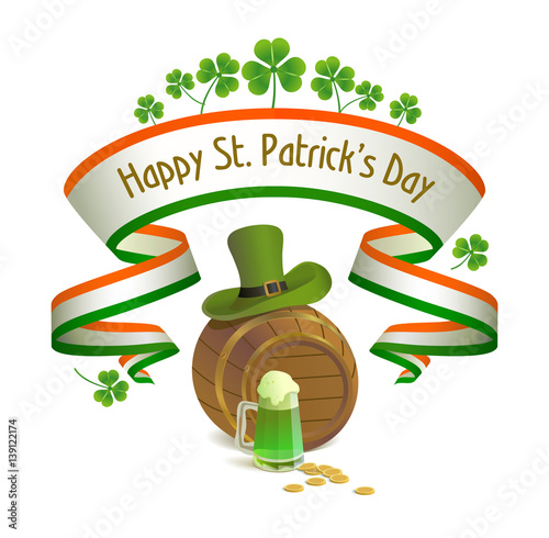 Saint Patrick's Day. 
Irish national holiday with leprechaun hat, keg, clover and green beer.