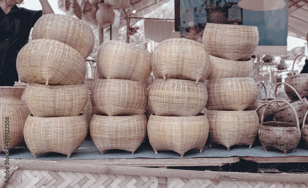 Basketry / View of baskets on the table in the market. Vintage style.