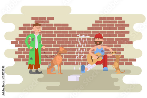 Tramp person with homeless dog in dirty ragsand and Hungry man with leg in a plaster cast, to use crutches. Isolated characters for infographic. Vector illustration eps10