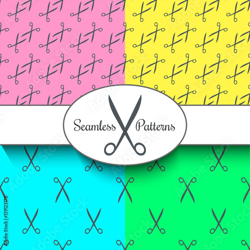  Scissor patterns set. Vector seamless background