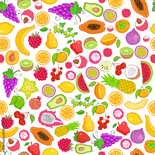 Fototapeta Naklejka Na Ścianę i Meble -  Vector pattern of colored hand drawn fruit icons. Doodle set of different cut fruits and berries. Healthy food. Exotic fruits. Collection of fruits and berries