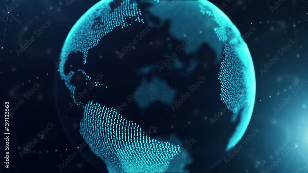 Digital Globe Network Zoom Out. a digital earth zooms out and spins with dots connecting and circling the globe. Networking and future
