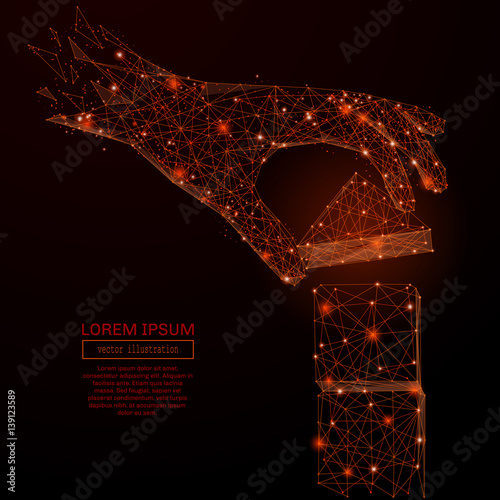 Abstract mash line and point hand pick up the high tower on background with an inscription. Starry sky or space, consisting of stars and the universe. Vector business illustration