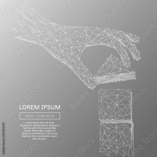 White abstract hand pick up the high tower polygonal, geometry triangle. Light connection structure. Low poly vector on gray business concept background.