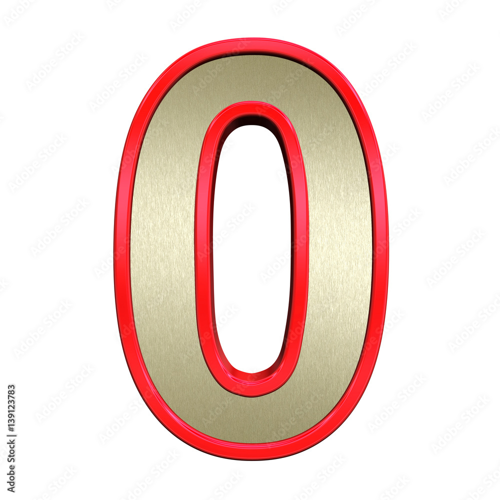 One digit from brushed gold with red frame alphabet set, isolated on white. 3D illustration. One digit from brushed gold with red frame alphabet set, isolated on white. 3D illustration.