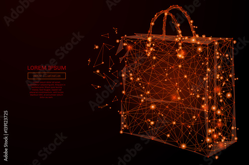 Abstract mash line and point paper bag on background with an inscription. Starry sky or space, consisting of stars and the universe. Vector business illustration