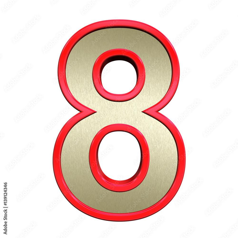 One digit from brushed gold with red frame alphabet set, isolated on white. 3D illustration. One digit from brushed gold with red frame alphabet set, isolated on white. 3D illustration.