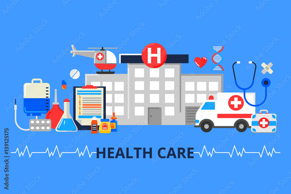 Fototapeta premium Vector illustration in modern flat style. Web banner with hospit