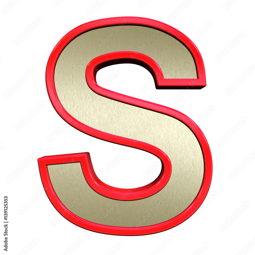 One letter from brushed gold with red frame alphabet set, isolated on white. 3D illustration. One letter from brushed gold with red frame alphabet set, isolated on white. 3D illustration.