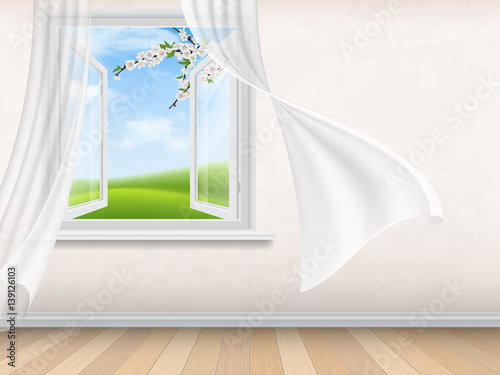 Empty room interior with open window. View through window on spring rural landscape with blooming tree branches on foreground. Wind waves white, transparent curtains.