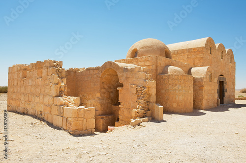 Exterior of the Amra desert castle (Qasr Amra) near Amman, Jordan. World Heritage, built in 8th century by the Umayyad caliph Walid II and famous for it's unique frescos.