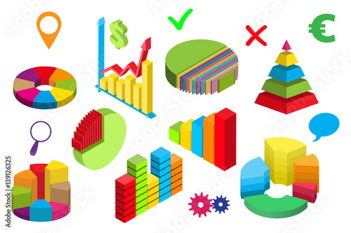 Set of three-dimensional objects, colorful elements of infographics for business. Isometric diagrams, graphs, icons, pyramid, pie charts. Vector