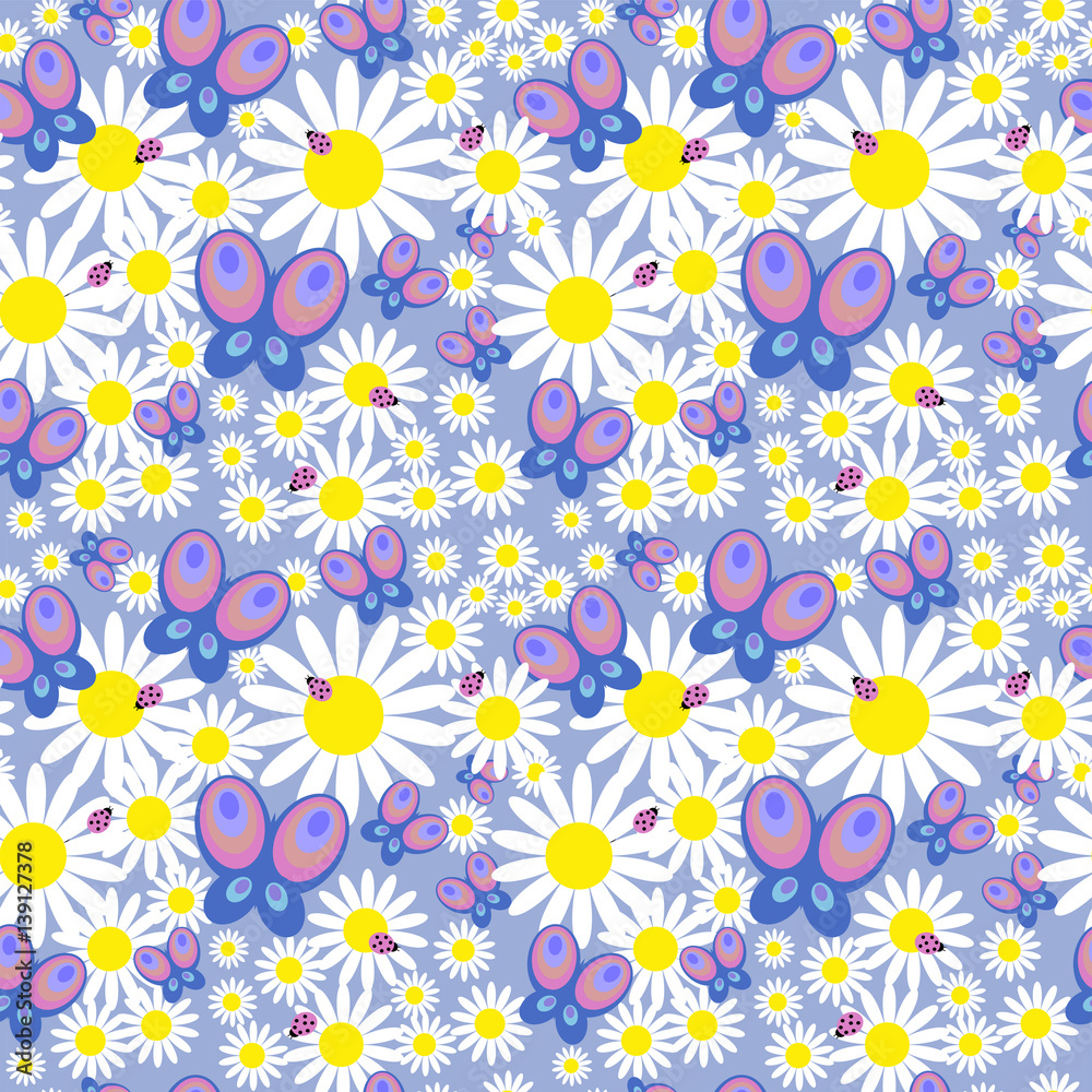 Floral seamless pattern with daisies and butterflies Floral seamless pattern with daisies and butterflies