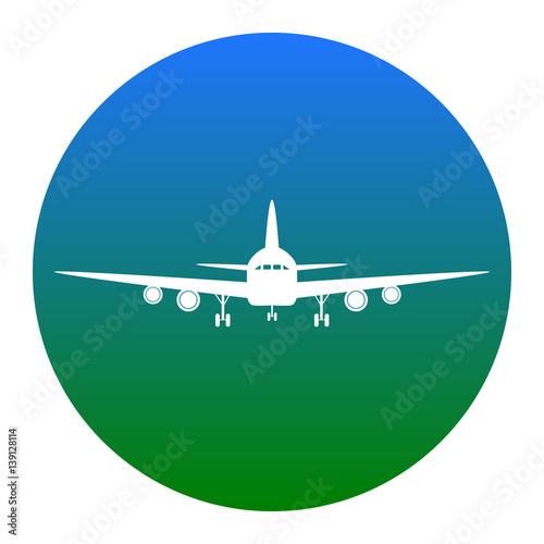 Flying Plane sign. Front view. Vector. White icon in bluish circle on white background. Isolated.
