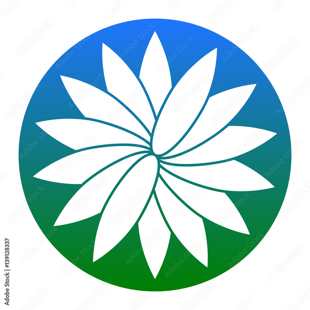Flower sign. Vector. White icon in bluish circle on white background. Isolated.