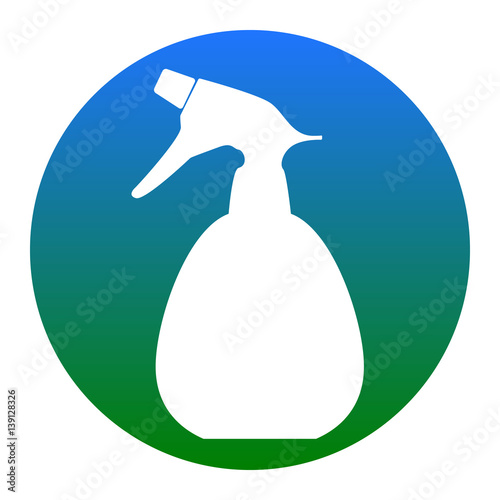 Spray bottle for cleaning sign. Vector. White icon in bluish circle on white background. Isolated.
