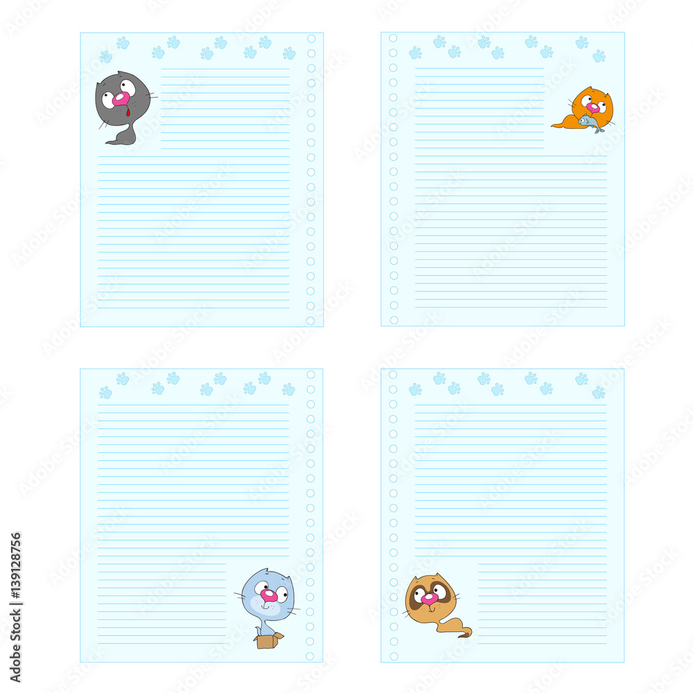 Collection pages. Cute cartoon cats. Template notebook. Cheerful note pad. Space for text.
