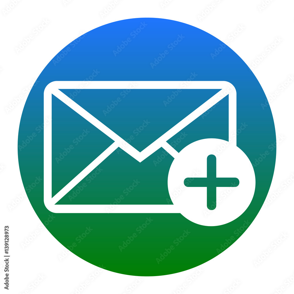 Mail sign illustration with add mark. Vector. White icon in bluish circle on white background. Isolated.