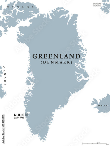Greenland political map with capital Nuuk and neighbor countries. Autonomous country and part of Kingdom of Denmark in North Atlantic. Gray illustration, English labeling, isolated over white. Vector.