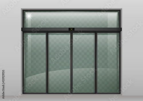 Double sliding glass doors with automatic motion sensor. Entrance to the office, train station, supermarket.