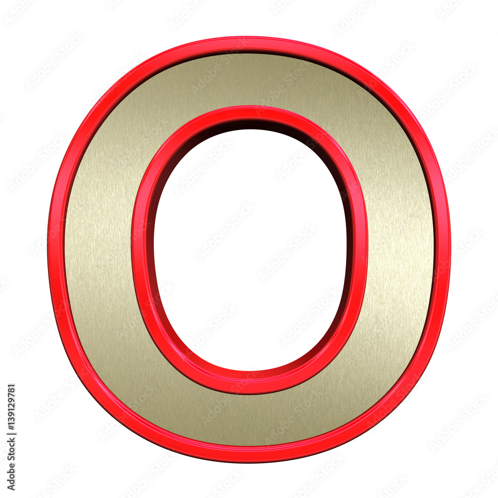 One letter from brushed gold with red frame alphabet set, isolated on white. 3D illustration. One letter from brushed gold with red frame alphabet set, isolated on white. 3D illustration.