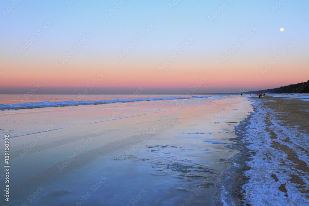 Winter evening on coast of Gulf of Riga. Jurmala, Latvia