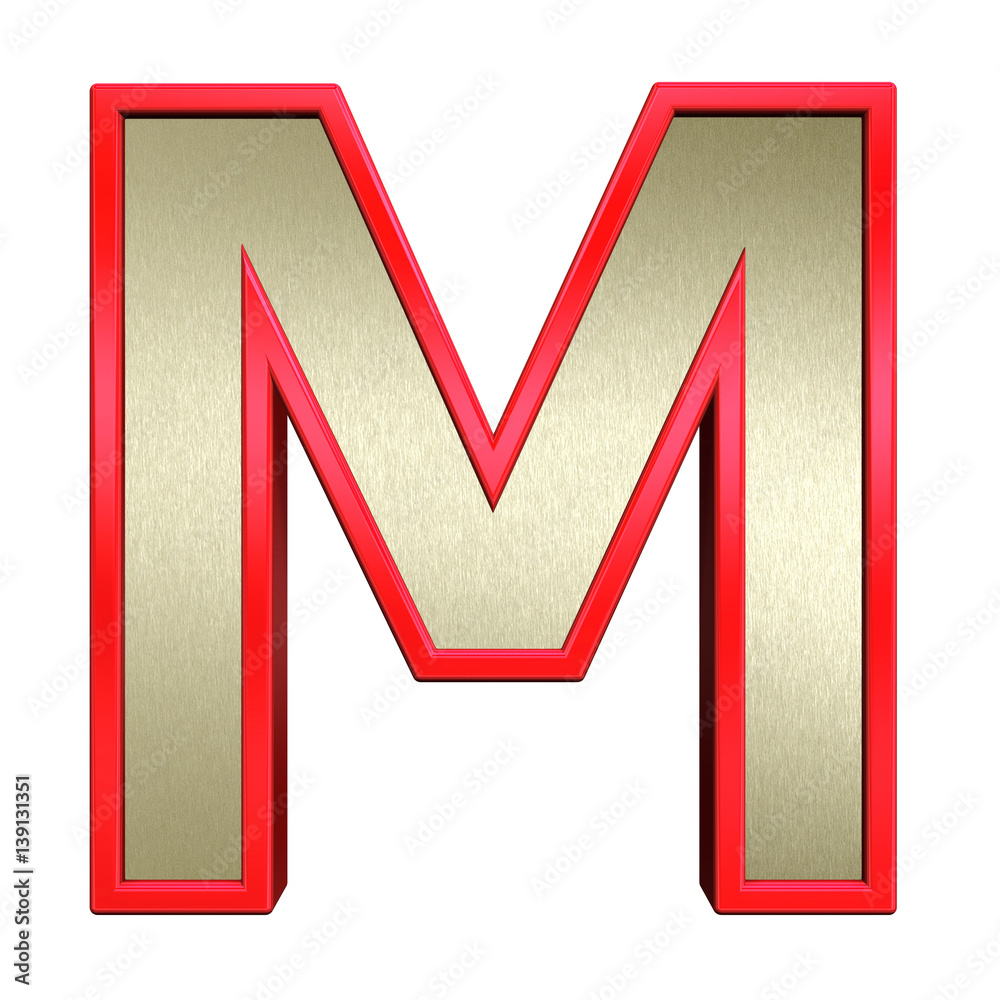One letter from brushed gold with red frame alphabet set, isolated on white. 3D illustration. One letter from brushed gold with red frame alphabet set, isolated on white. 3D illustration.
