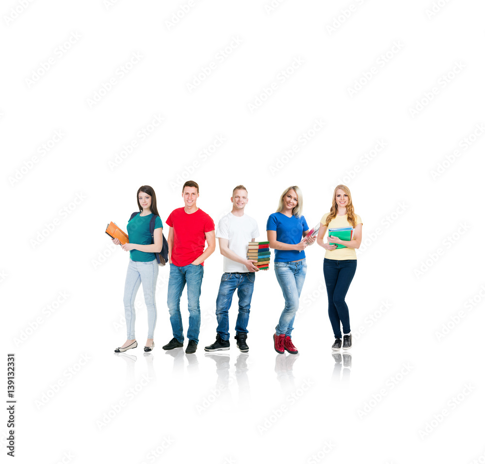 Obraz premium Large group of teenage students isolated on white background. Many different people standing together. School, education, college, university concept.
