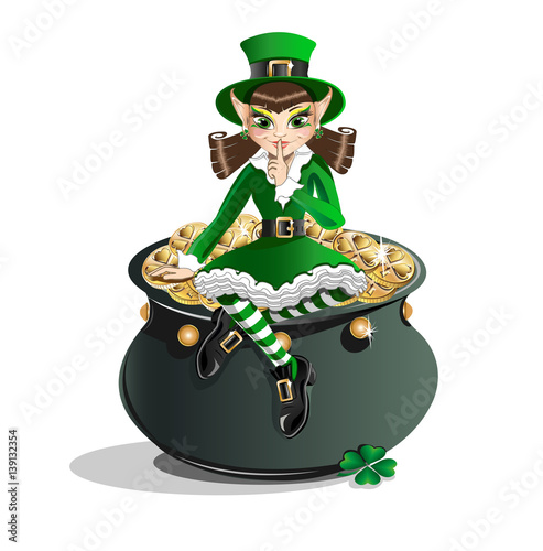 Leprechaun girl and a pot of gold