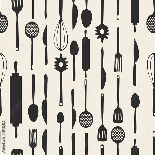 seamless monochrome  kitchen tools pattern background photo