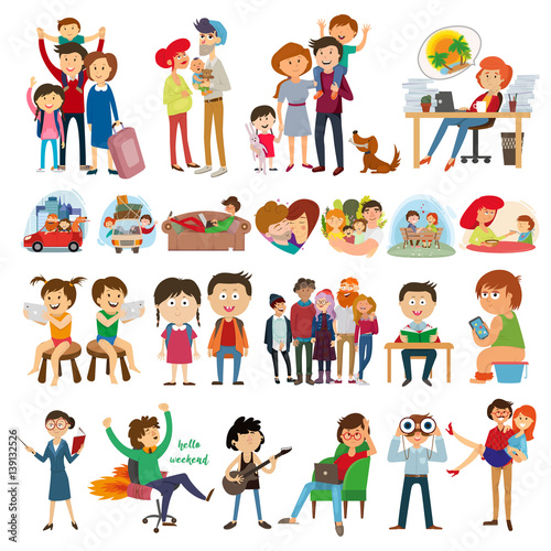 set group of people. family, teenagers, children, relationships, Transportation