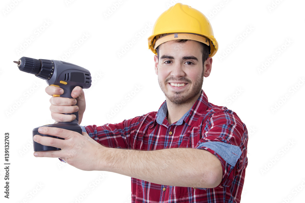 portrait of smiling man with drill isolated on white portrait of smiling man with drill isolated on white