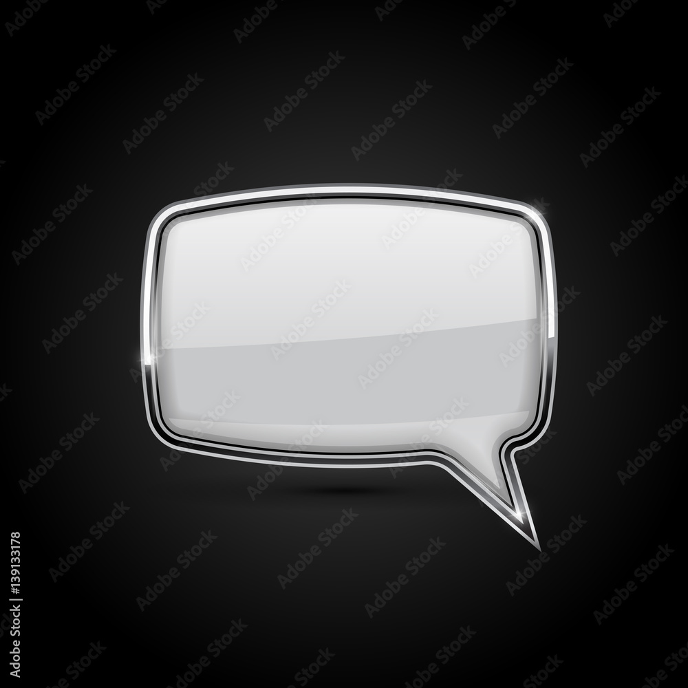 Fototapeta premium Speech bubble. White icon with metal frame on black background