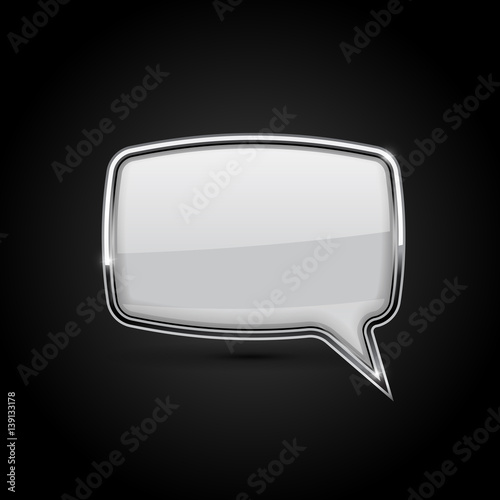 Speech bubble. White icon with metal frame on black background