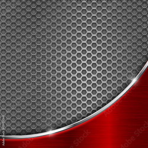 Metal perforated background with red wave steel element