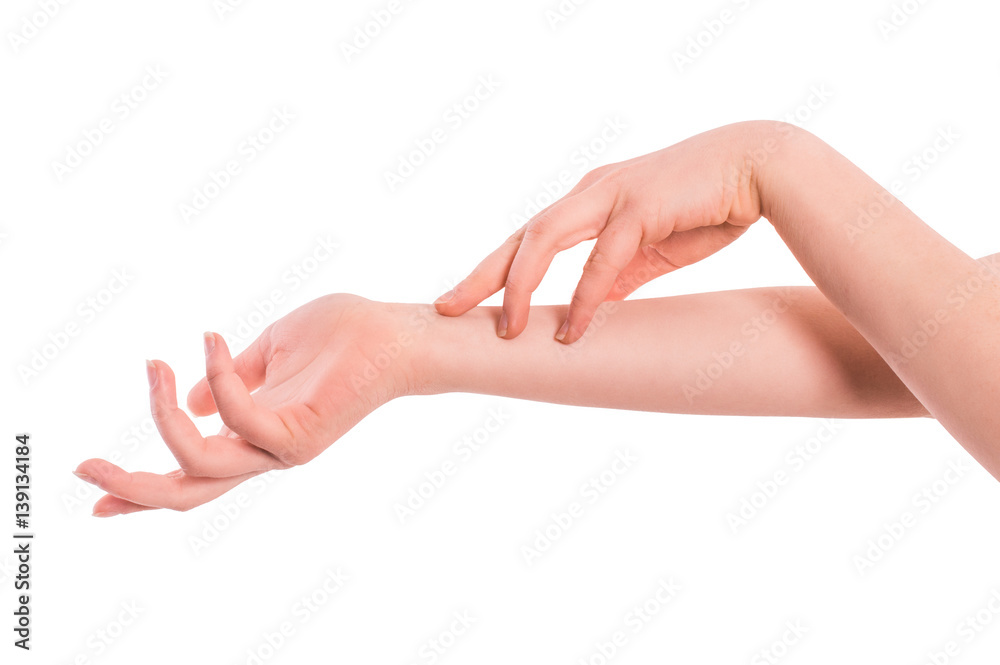 female hands on a white background