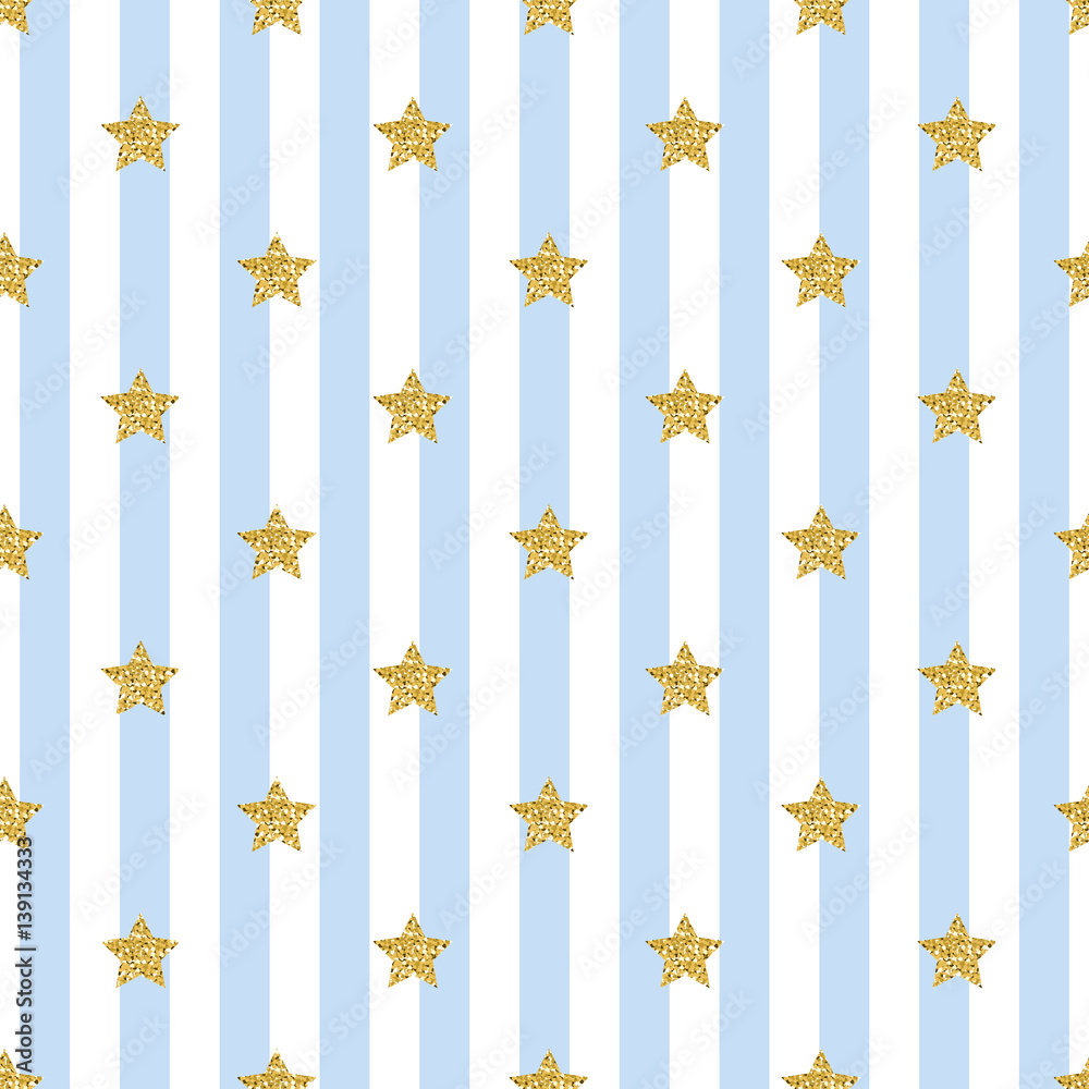 SEAMLESS GOLD GLITTER STAR PATTERN ON BLUE STRIPE BACKGROUND
