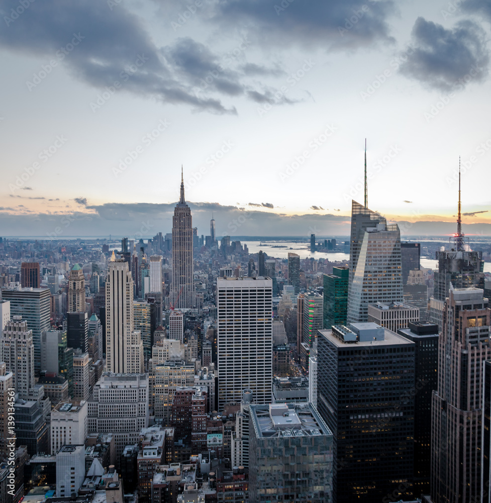 Aerial view of Manhattan Skyline at sunset - New York, USA