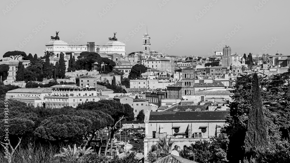 cityscape of Rome in black and white