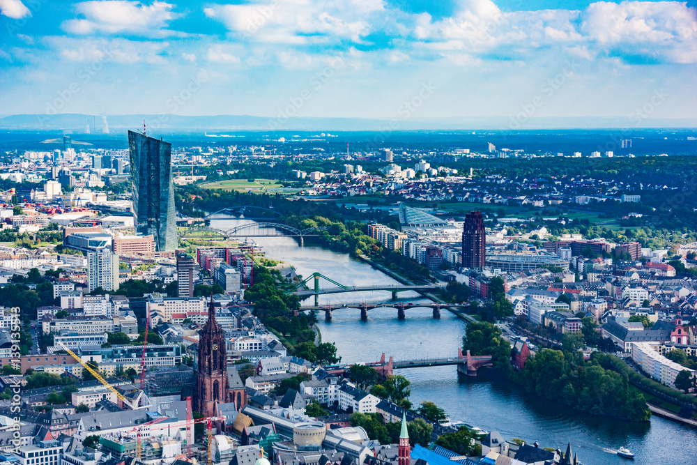 View to skyline of Frankfurt from Maintower in Frankfurt, Germany