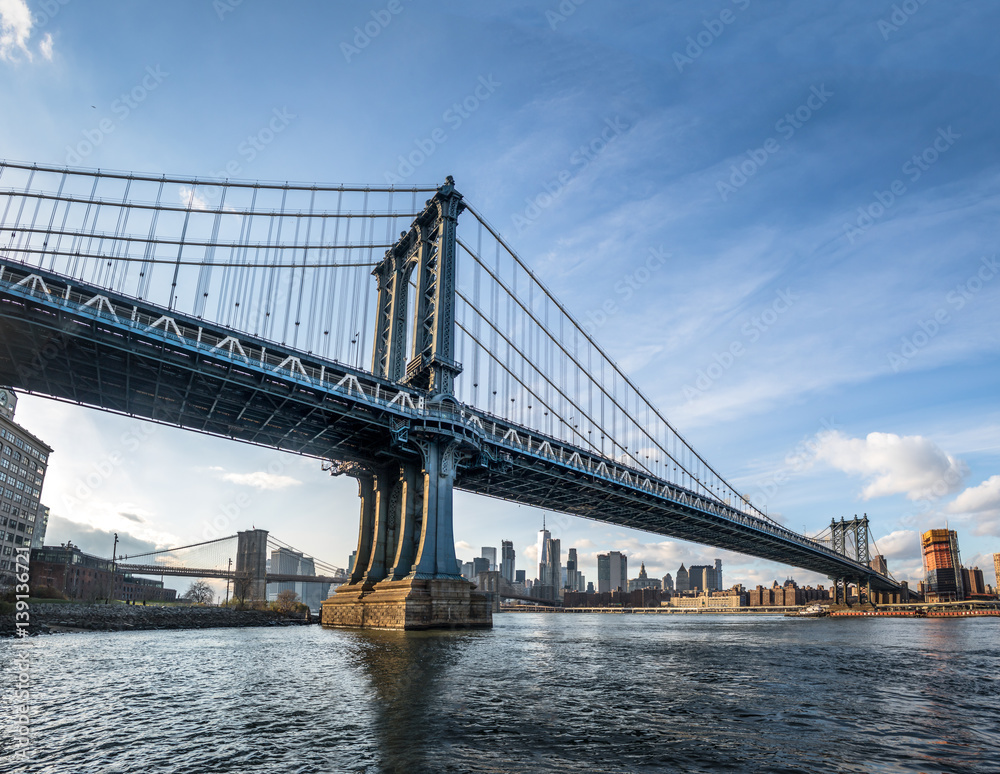Manhattan Bridge with Brooklyn Bridge and Manhattan Skyline as background - New York, USA