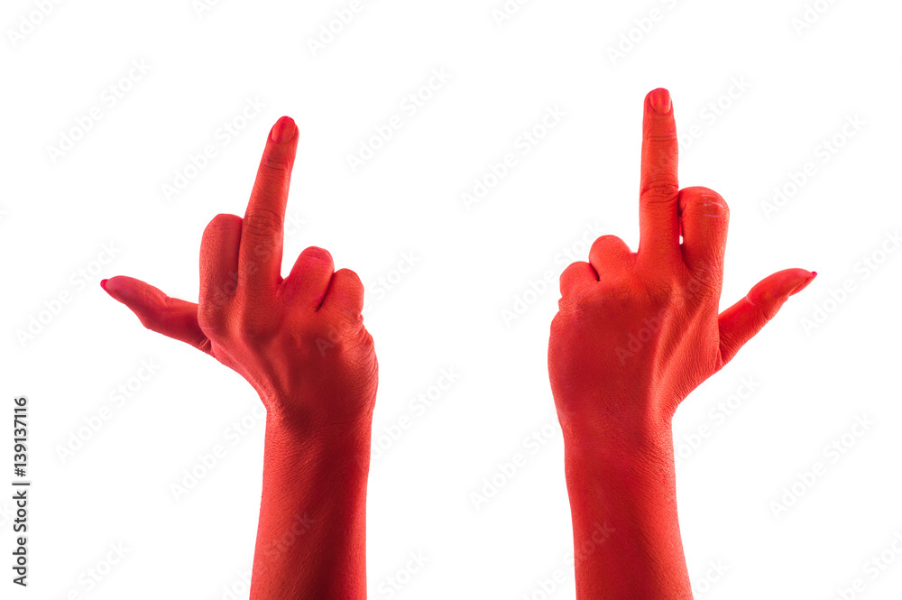 Red hands on a white background. Fuck Red hands on a white background. Fuck