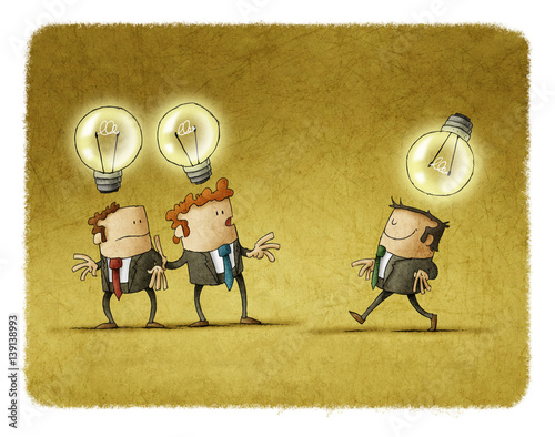 Two businessmen with one idea look at another who has a different idea