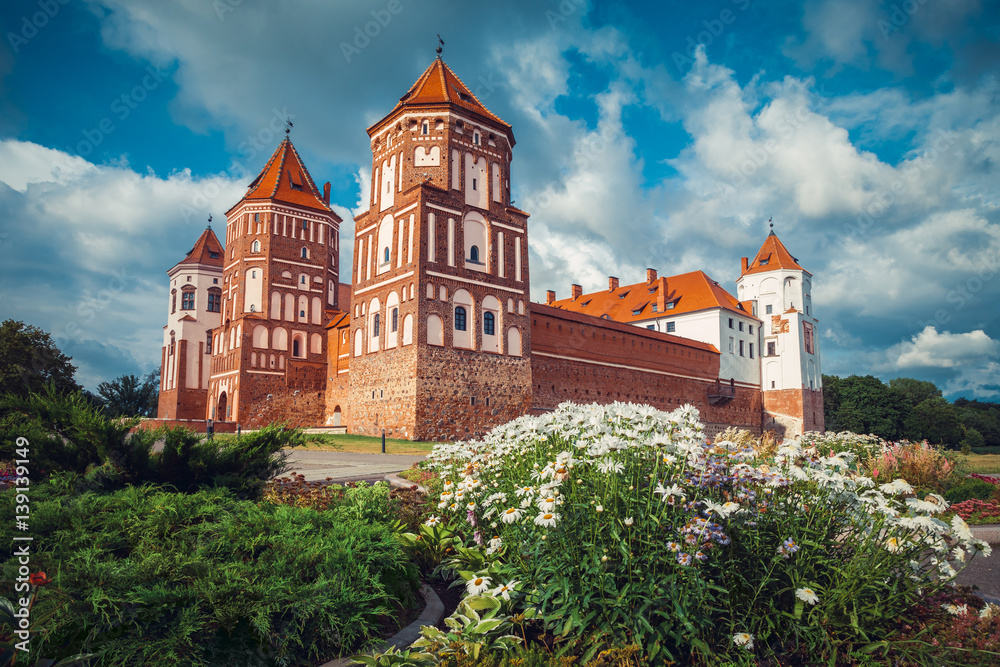 Belorussian tourist landmark attraction Mir Castle at summer season.