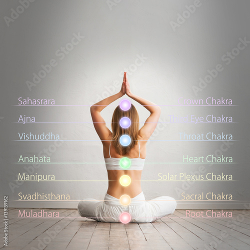 Young and healthy girl meditating in lotus position. Colored chakra lights over her body. Yoga, zen, Buddhism, recovery, healthcare and wellbeing concept.
