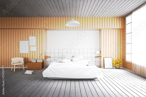 3D rendering   illustration of bedroom in soft light color. comfortable bed old vitage cement style bedroom.interior design of house.cement congrete loft wall. filtered image to comic halftone