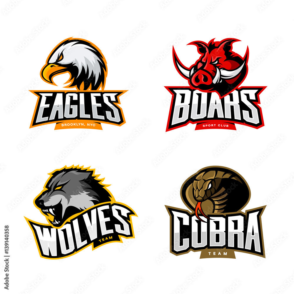 Fototapeta premium Furious cobra, wolf, eagle and boar sport vector logo concept set isolated on white Premium quality wild animal, bird and snake t-shirt tee print illustration.