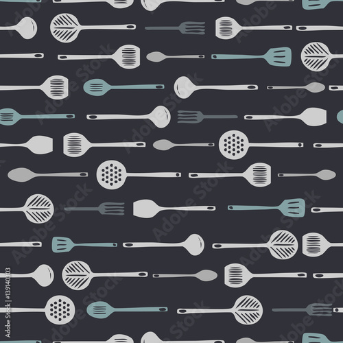 seamless monochrome kitchen tools pattern background