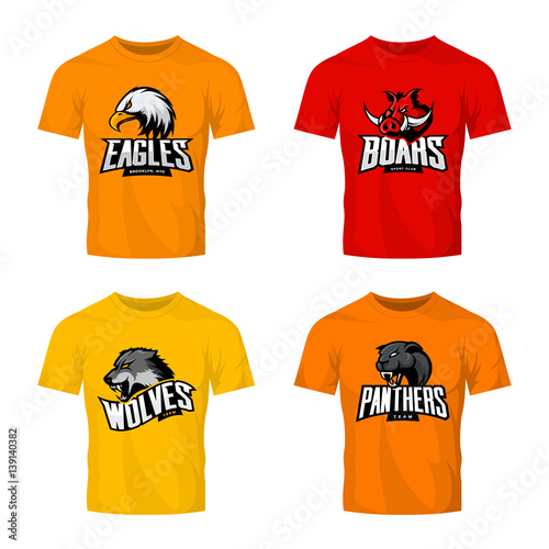 Furious panther, wolf, eagle and boar sport vector logo concept set isolated on color t-shirt mockup. Premium quality wild animal and bird head t-shirt tee print illustration.