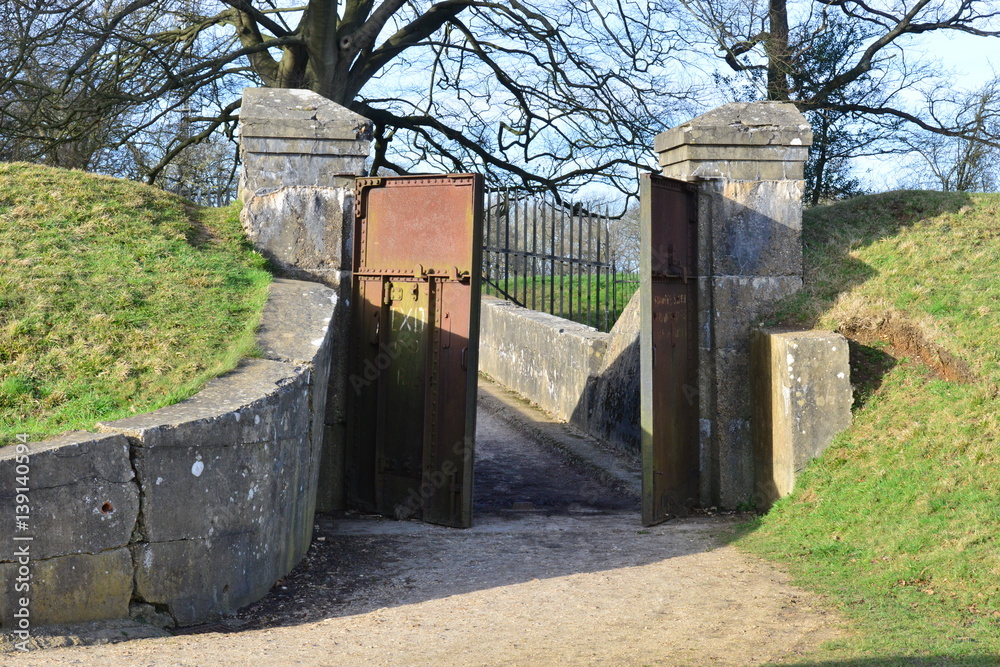 The gates of a 19th century English fortress in Surrey, England
The gates of a 19th century English fortress in Surrey, England